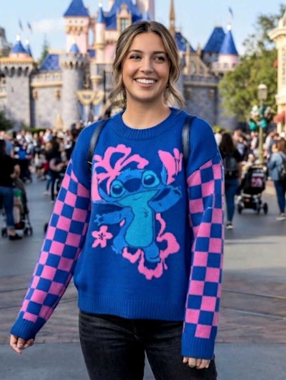 Disney Lilo & Stitch Blue Pink Checkerboard Knit Sweater Pullover Medium NWT